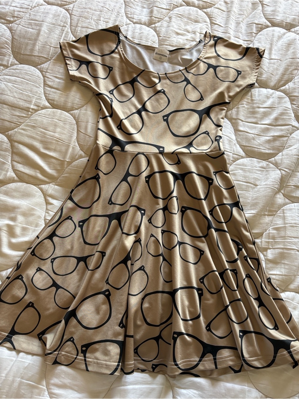Beige Mini Dress with Black Eyeglass Print